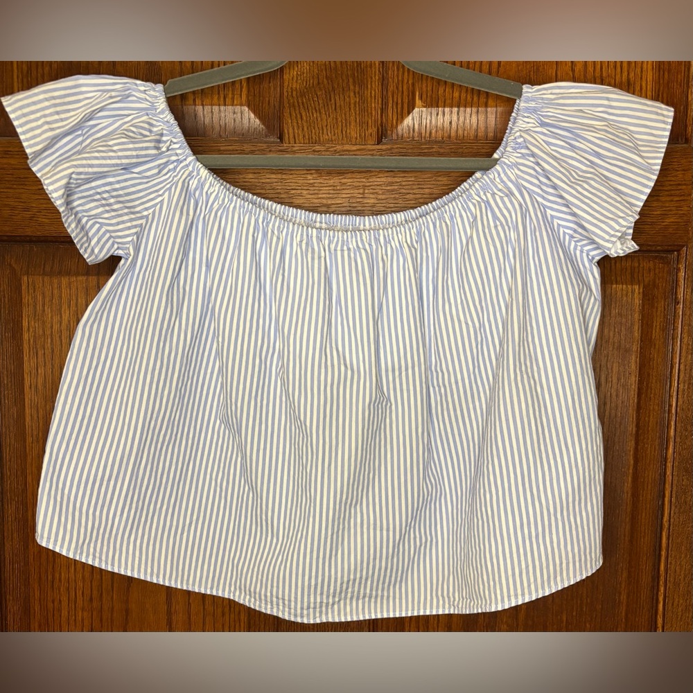 Zara Women’s SM Light Blue Preppy Pinstripe Off Shoulder Gather Sleeve Crop Top